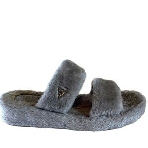 Guess Gray Fuzzy Strappy Padded Wedge Slides Sandals Shoes Sz 9 Faux Fur